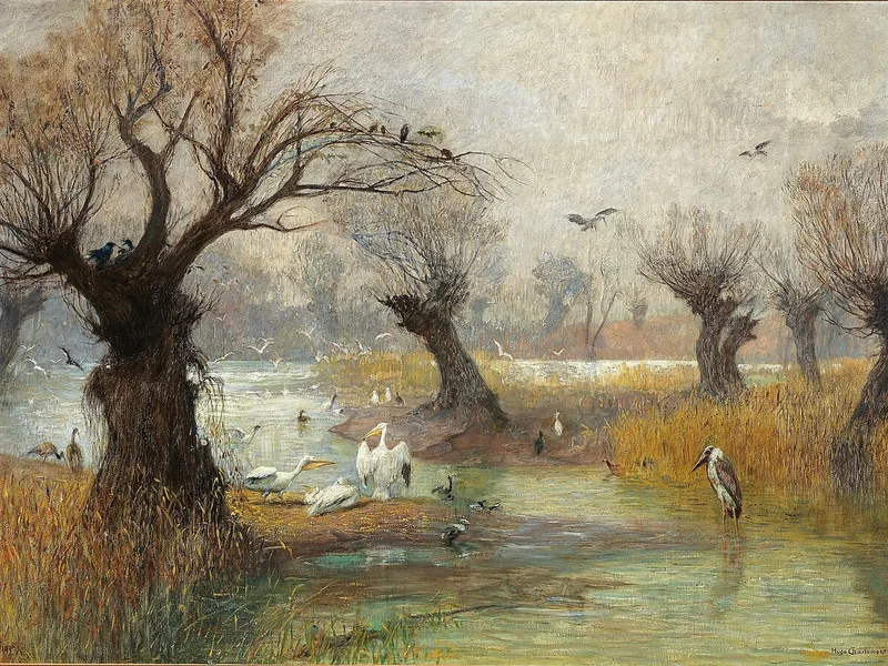1850-Hugo Charlemont - Pellicani sulla riva del fiume